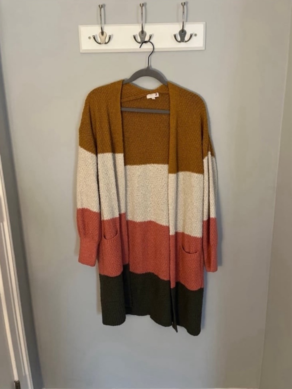 SO Colorblock Open-Front Cardigan in Mustard, Cream, Coral, Olive
